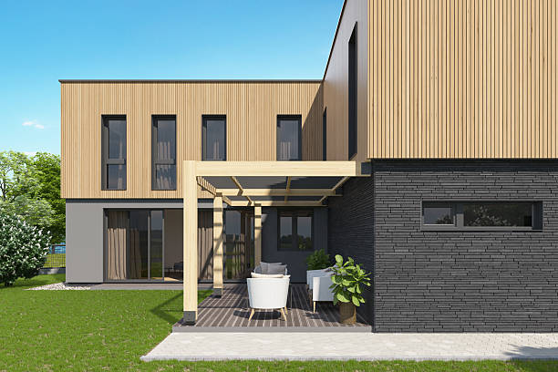 istock Modern L-Shape Scandinavian House with Inner Courtyard and Wooden Pergola 2218151733