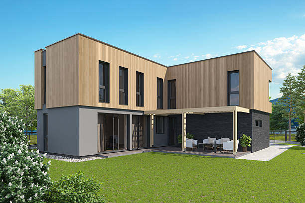 istock Modern L-Shape Scandinavian House with Inner Courtyard and Wooden Pergola 2218152436