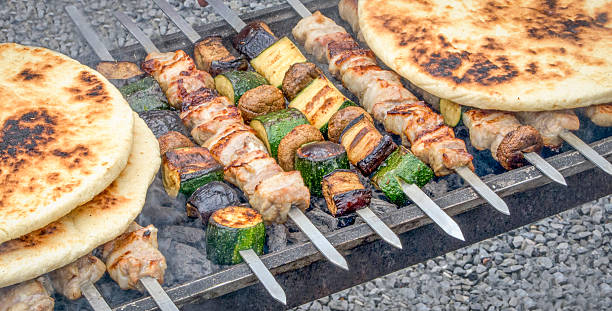 Kebab in small pieces together with various vegetables