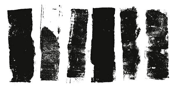 stockillustraties, clipart, cartoons en iconen met paint brush strokes set. linocut texture lines. ink roller thick stripes background. grunge letterpress rectangles. dry black brayer stain isolated on white background. vector lino illustration - lopende band