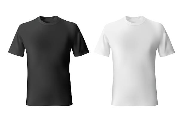 Two basic tshirts, one black, one white, isolated on white. Essential apparel, design template. Versatile for fashion mockups and creative projects. Two basic tshirts, one black, one white, isolated on white. Essential apparel, design template. Versatile for fashion mockups and creative projects. white t shirt template stock illustrations
