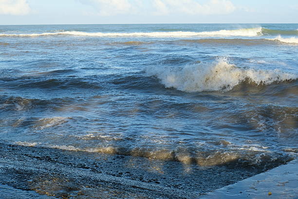 The image captures a tranquil coastal scene where small waves gently roll onto the beach. The deep blue ocean contrasts beautifully with the soft hues of the sky, dotted with white clouds. The calm ambiance and natural lighting make this a peaceful and evocative seaside landscape, perfect for themes of nature, relaxation, and coastal beauty.