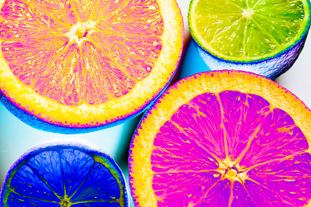 Using color inversion and digital manipulation, the familiar textures of oranges, limes, and lemons are rendered in psychedelic hues—hot pinks, electric blues, neon greens. The intense chromatic shift elevates the composition from a simple still life to a bold statement of visual rebellion. It's a celebration of flavor, form, and the unexpected beauty found in reinterpreting the everyday.