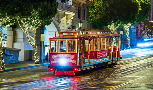 San Francisco, California - November 11, 2024: Iconic San Francisco cable car illuminated at night at the intersection of California Street and Powell Street, California, United States