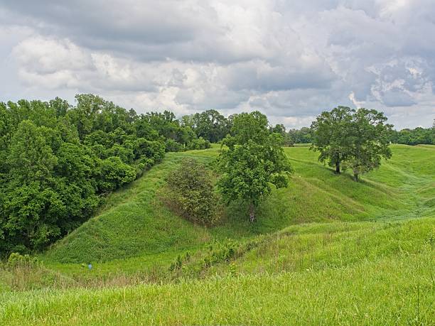Hilly green fields around Vicksburg Mississippi. Springtime at Vicksburg national military park.
