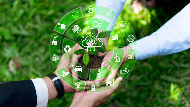 istock Hands holding a young plant with CO2 reduction icon and green technology symbols, representing sustainability, carbon capture, and environmental innovation. 2218173363