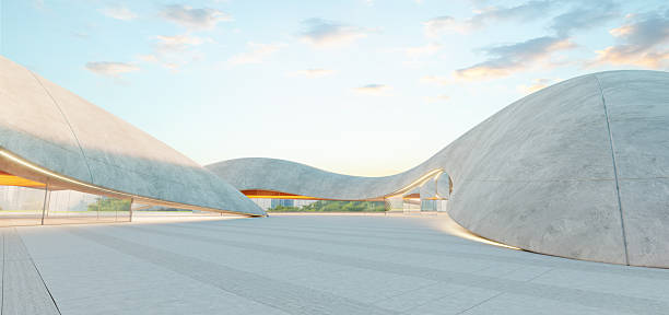 istock 3d rendering Futuristic concrete parking lot with organic design at sunset: 3d rendering 2218174588
