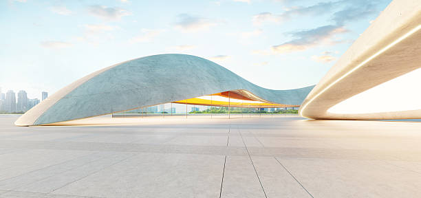 istock 3d rendering Futuristic parking lot with modern concrete structures and city skyline 2218174601