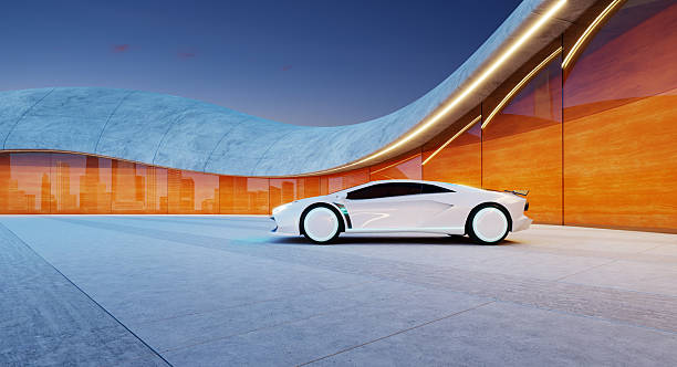 White futuristic car parked in a modern parking lot with orange glass facade reflecting a cityscape at sunset. 3d rendering