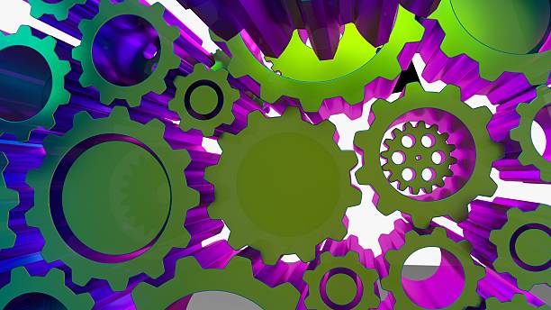 A dynamic Close-up Illustration of interlocking Gear - Mechanisms in vibrant Green Color and purple (Blue tones). This Abstract depiction of Machinery symbolizes Engineering, Industry, and complex Manufacturing processes. The Interconnected and Interlocked cogs represent Cooperation, Partnership - Teamwork, and Efficiency within an Organization or system. The Modern, Futuristic Design highlights concepts of Innovation, Technology, and precise Motion, suitable for Corporate Business themes related to Development and Process Improvement.