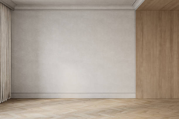 istock Classic empty beige interior with wood panel, blank wall, parquet chevron floor. 3d render illustration mockup. 2218189058