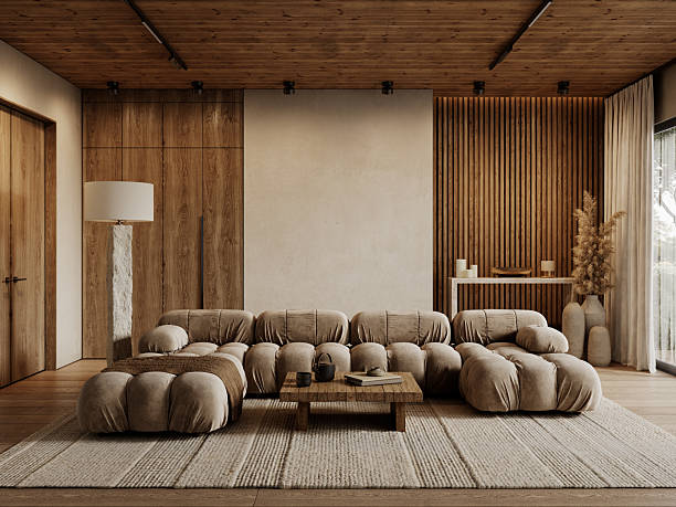 istock Contemporary loft interior with sofa, pillows, coffee table, wood panels, pampas grass and decor. 3d render illustration mockup. 2218189065