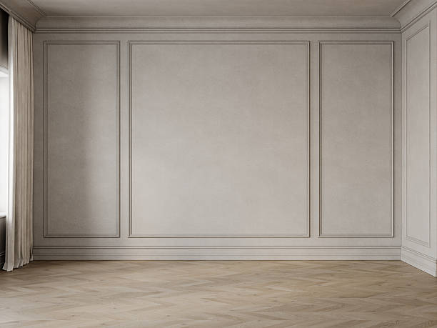 istock Classic beige empty interior with blank wall with moldings. 3d render illustration mockup. 2218189078