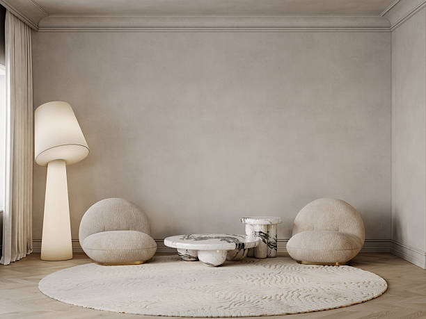 istock Classic beige interior with armchairs, coffee tables, round rug, floor lamp and decor. 3d render illustration mockup. 2218189085