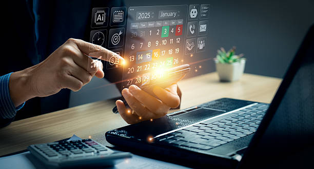 istock Smart AI calendar scheduling and business planning interface on mobile device, futuristic digital agenda with task management and time organization, artificial intelligence technology for productivity 2218190576