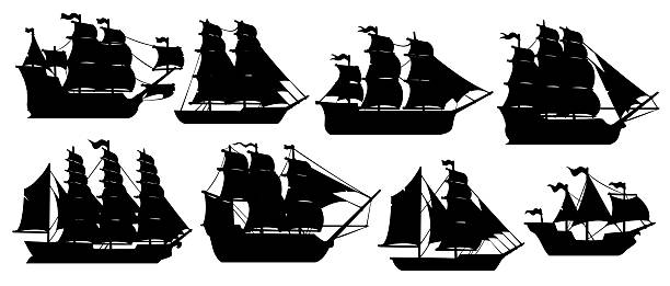Pirate sail ships silhouettes of corsair sailboats and frigate boats, vector set. Pirate ship silhouettes of marine vessels, corsair warship with black sails and flags, battleship boats and barques