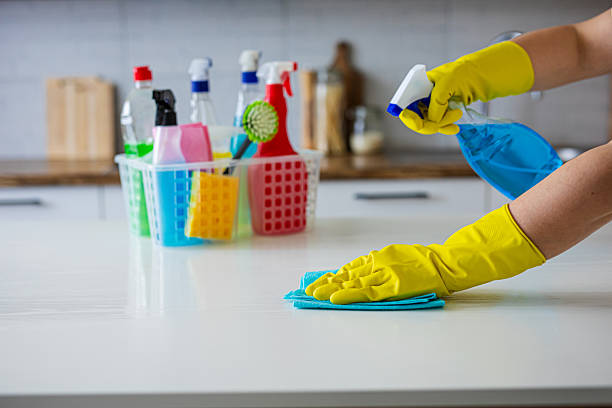 istock Woman Cleaning Kitchen Countertop with Spray Bottle and Cloth 2218192004