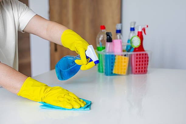 istock Woman Cleaning Kitchen Countertop with Spray Bottle and Cloth 2218192041