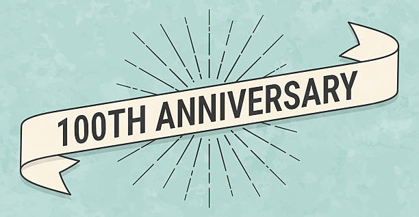 100th Anniversary. Banner, ribbon, label in a trendy vintage style. Beautiful retro ribbon with old textured paper and sunbursts in the background. Colors used: green, blue, beige and black. The banner is beige with a black outline, the sunbursts and the text are black. The background is green-blue. Vector Illustration (EPS file, well layered and grouped). Easy to edit, manipulate, resize or colorize. Vector and Jpeg file of different sizes.