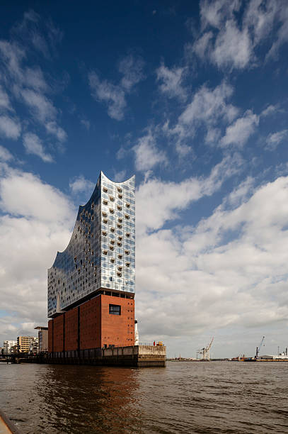 Hamburg, Germany - May 06, 2025: View of the Elbphilharmonie, seen from the port, one of Hamburg's landmarks.