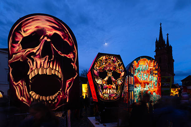 Basel, Switzerland - March 11th 25. Illuminated carnival lanterns at night