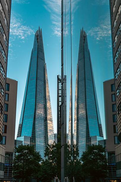 Looking directly up at the skyline of the financial district in central London
