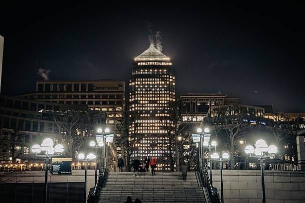 London, United Kingdom – January 14, 2022: Canary Wharf at Night during cold wint