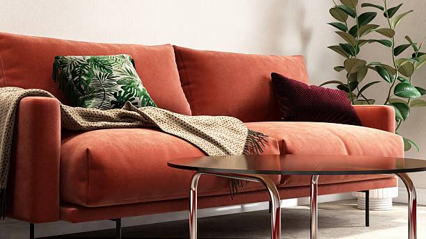 istock Red velvet mid century retro sofa, coffee table, Indian rubber tree on gray carpet floor in living room in sunlight on white wall for modern, luxury interior design decoration background 3D 2218203300