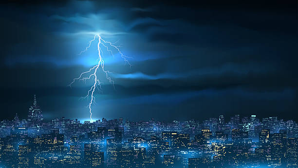 istock Thunderstorm, bright lightning at night over the city. Thunder lightning wallpaper, background. Thunderbolt in an ominous cloudy sky. Cityscape blue background. Realistic vector illustration 2218208587