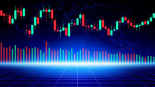 istock Stock market trading chart. Abstract finance blue background world map. Volatile financial market. Japanese candlesticks. Investment concept. Economy trends background for business. Vector 2218208685