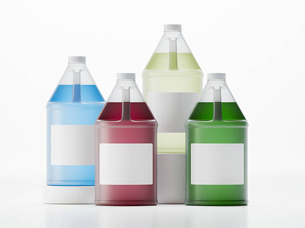 Showcase your product branding on these realistic gallon jugs, featuring a range of vibrant liquid colors andblank labels for a visually compelling presentation.