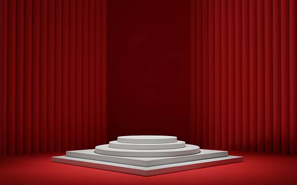 istock 3d dark red room background with white podium and column. Product display with platform. Abstract geometric dark scene. 2218212249