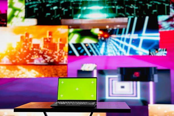 istock Empty scene with a pc showcasing copy space display next to artistic lights 2218216705