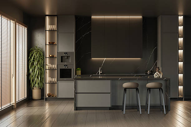 istock Modern dark kitchen interior with island and bar stools- 3D rendering 2218217060
