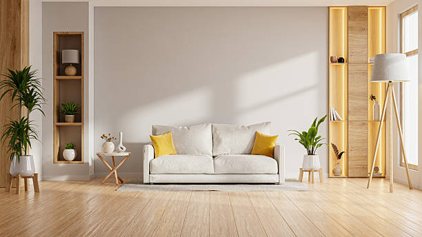 istock Minimalist living room with white sofa and yellow pillows- 3D rendering 2218217086
