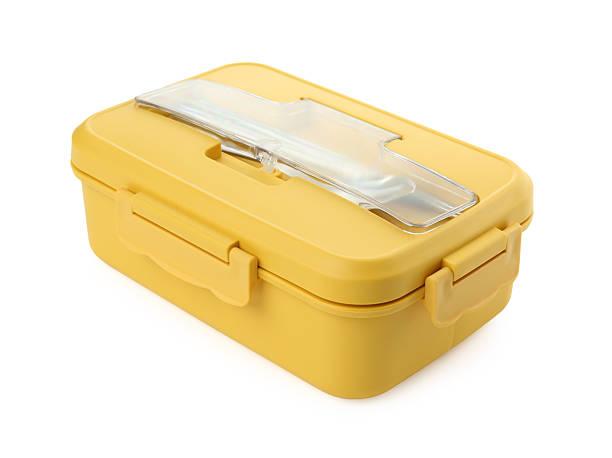istock Yellow lunch box with cutlery isolated on white 2218230081