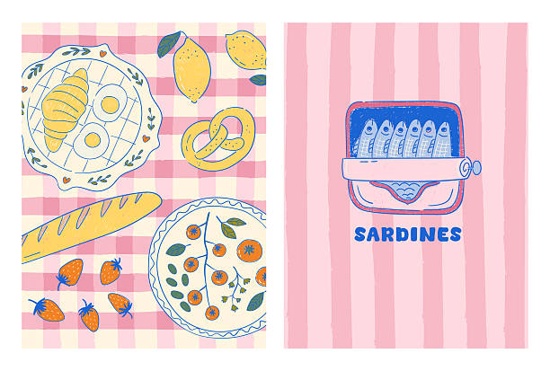 Set of hand drawn whimsical posters with abstract food. Dolce vita contemporary dinner prints. Croissant, tomatoes, strawberries, sardines on colorful backgrounds. Slow living concept. Vector design