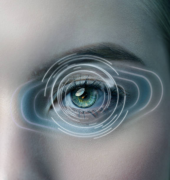Visual representation of digital eye enhancement with swirling light patterns and a close-up of an eye in focus