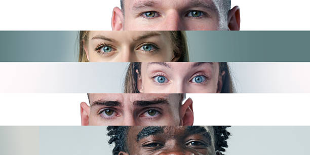 Diverse group of individuals with striking blue eyes showcasing unity and connection