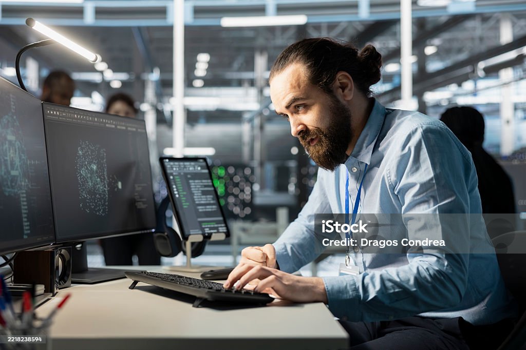 Software Development Server Software Developer Coding On Computer Upgrading Ai Server Cabinets ...