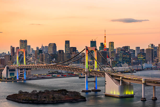 Tokyo, Japan skyline panorama with Rainbow Bridge and Tokyo Tower