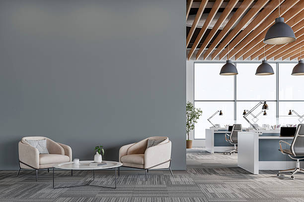 istock Modern Office Interior with medium gray wall and Minimalist Lounge Area 2218254834