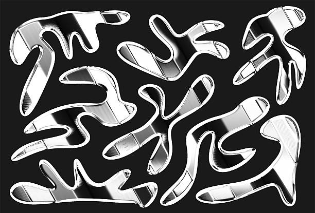 Abstract organic silver chrome shapes. Fluid chrome forms. Smooth metalic abstract design. 3D chrome Y2K shapes. Silver metallic shine with retro-futuristic pixel halftone effect. Glossy abstract vector elements for modern and retro designs.