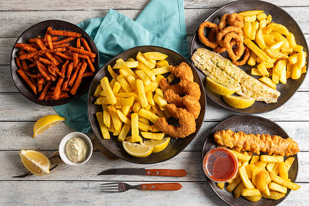 Tasty Seafood Feast With Fries and Sweet Potato