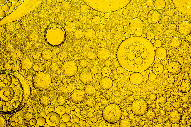 Macro close up yellow oil bubble texture,Gold Oil bubbles close up. circles of orange water macro. abstract shiny yellow background.