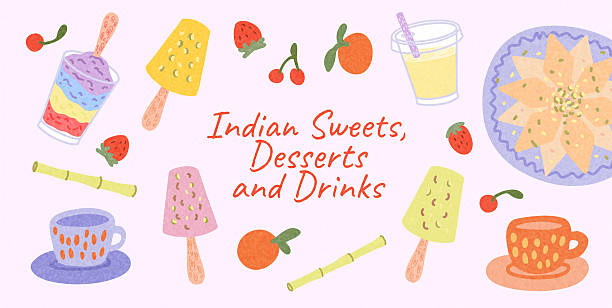 Vector Banner of Indian Sweets Kulfi Kaju Katli Ice Gola Sugarcane Juice Dessert Illustration Indian Sweets and Drinks illustration. Kaju Katli, colorful Kulfi, Ice Gola, Sugarcane Juice with fruits and cups. Decorative flat vector banner on pink background for dessert or cafe menu sugar cane juice stock illustrations