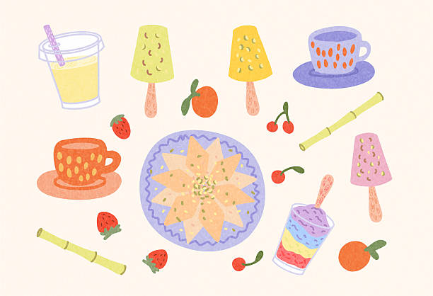 Vector Illustration of Indian Desserts Kulfi Ice Gola Kaju Katli Sugarcane Juice Sweets Poster Traditional Indian Desserts and Drinks. Kaju Katli in center, colorful Kulfi, Ice Gola in cup, Sugarcane Juice in glass. Surrounded by fruits and sugarcane sticks. Flat vector illustration on light background sugar cane juice stock illustrations