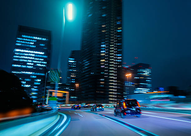 Speeding Through City Lights on Tokyo Expressway Curve