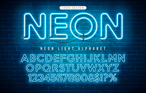 Glowing Neon Light Alphabet with Cable and Shadow on Vintage Brick Wall Background. Retro Vector Font Collection with Shiny Bright Lights. ABC, Number and Special Character Design for Casino, Night Club or Cinema. Layered Separated Characters