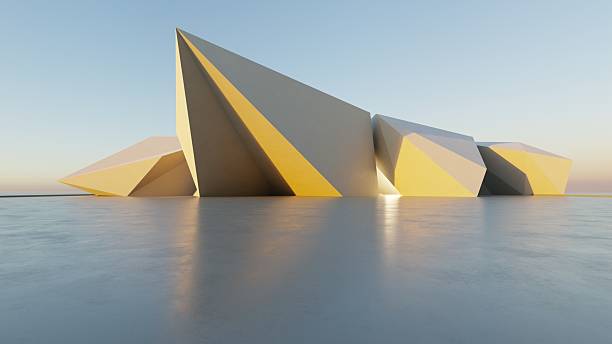 istock 3d illustration of abstract modern architecture background, Minimal geometry architectural design, Car presentation backdrop with empty concrete floor, Geometric white building design 2218283606